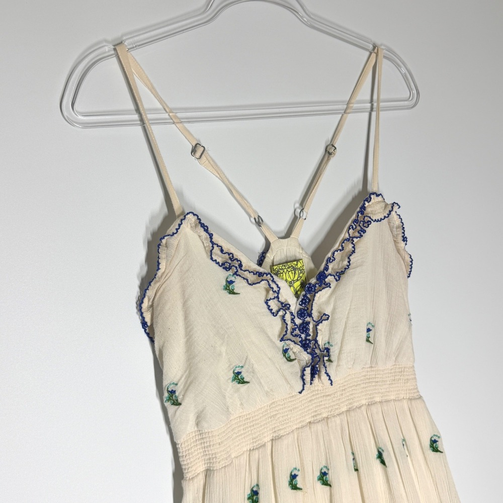 Anthropologie Floreat Cotton Embroidered Ruffle Dress Ivory Blue Floral Size 12 - Picture 4 of 15
